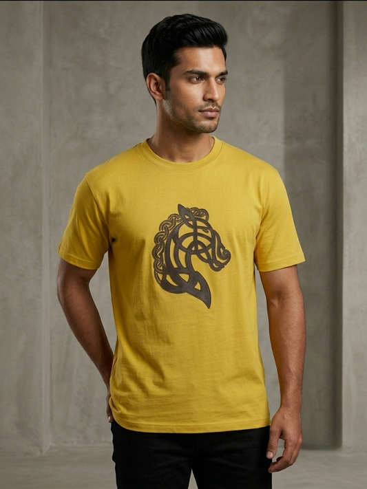 Aoulne’k Men’s Yellow Horse Graphic Regular Fit T-Shirt