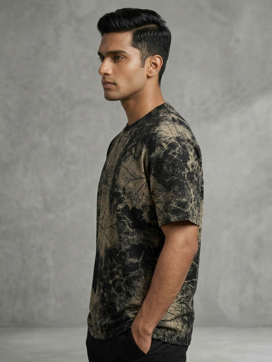 Aoulne’k Men’s Black & Beige Abstract Botanical Print T-Shirt