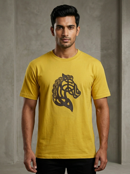 Aoulne’k Men’s Yellow Horse Graphic Regular Fit T-Shirt