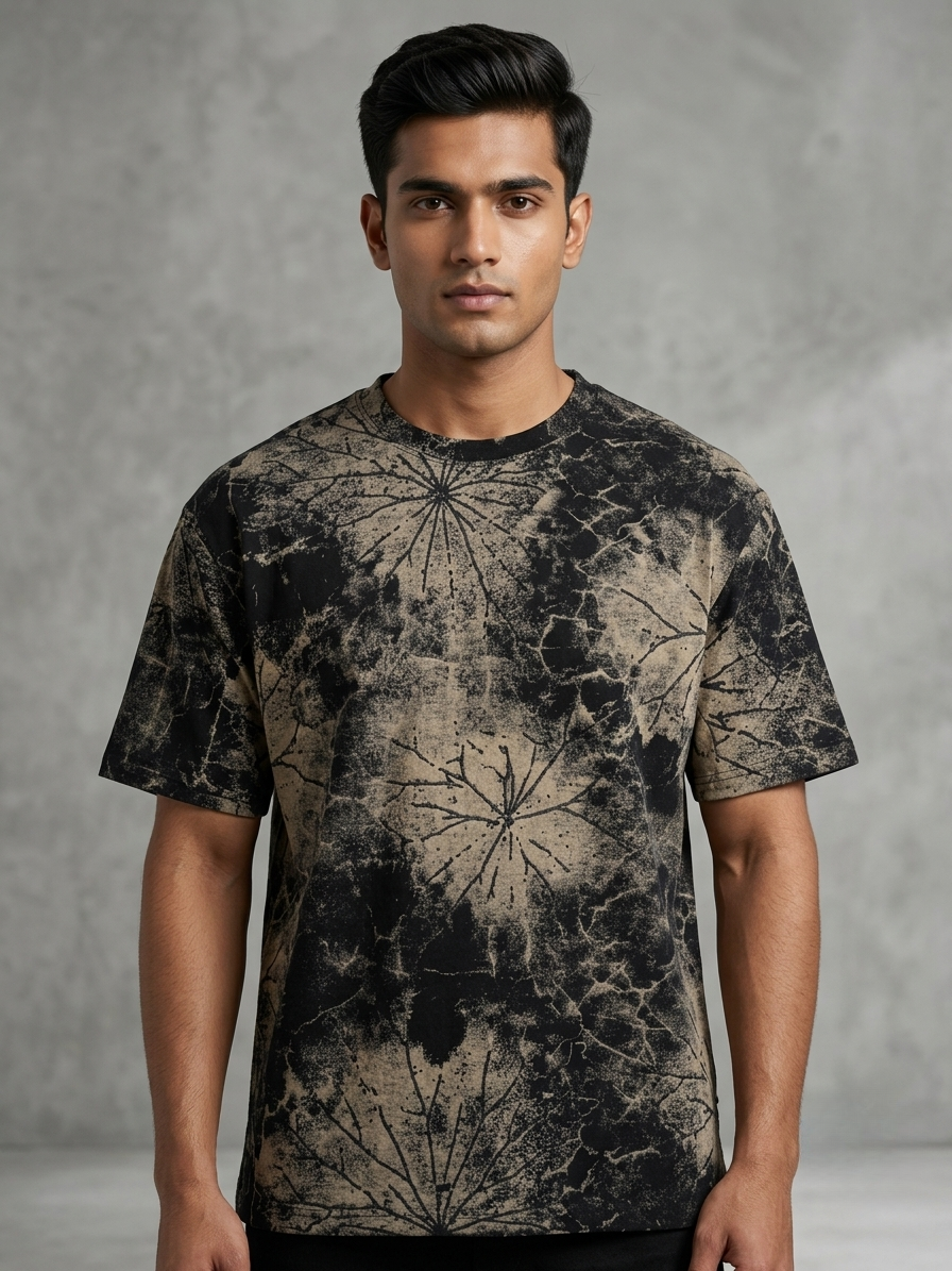Aoulne’k Men’s Black & Beige Abstract Botanical Print T-Shirt