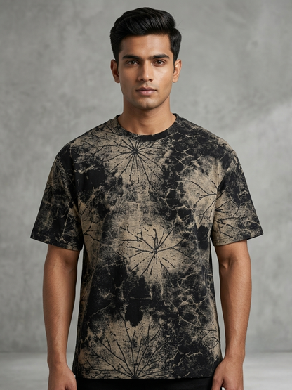 Aoulne’k Men’s Black & Beige Abstract Botanical Print T-Shirt