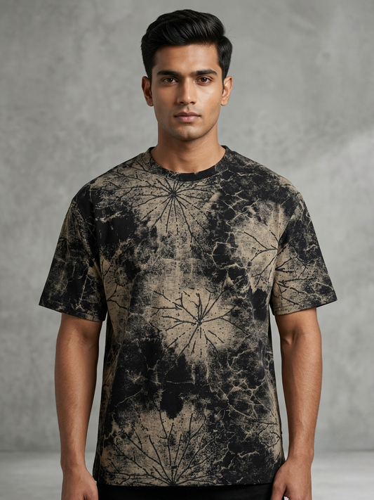 Aoulne’k Men’s Black & Beige Abstract Botanical Print T-Shirt