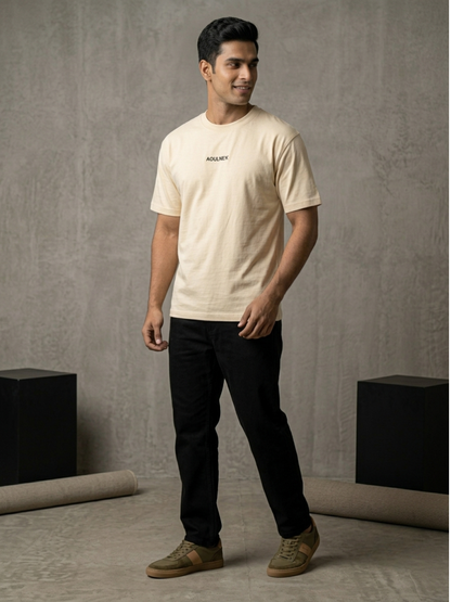 Aoulne’k Men’s Off White Solid Regular Fit T-Shirt