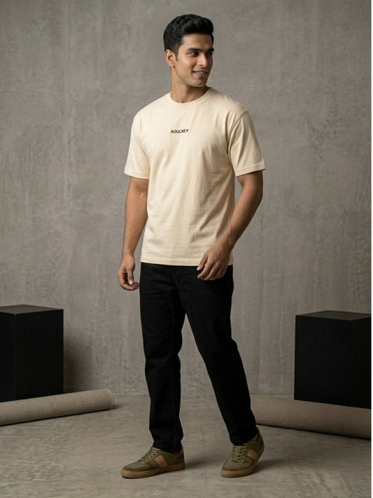 Aoulne’k Men’s Off White Solid Regular Fit T-Shirt
