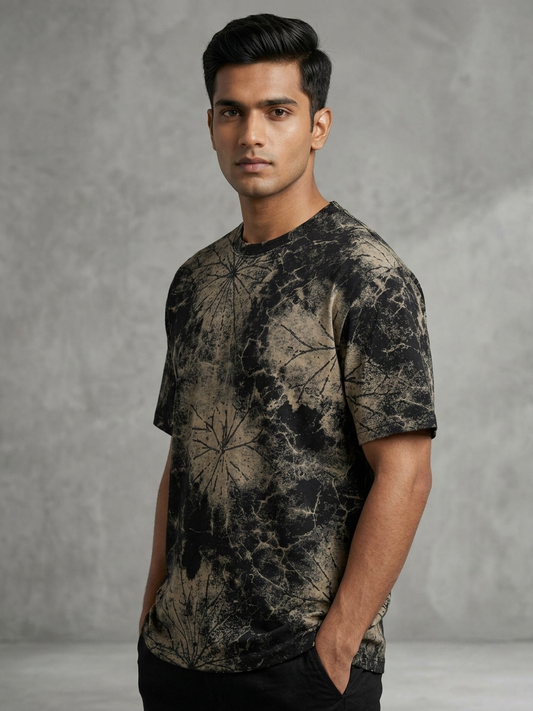 Aoulne’k Men’s Black & Beige Abstract Botanical Print T-Shirt