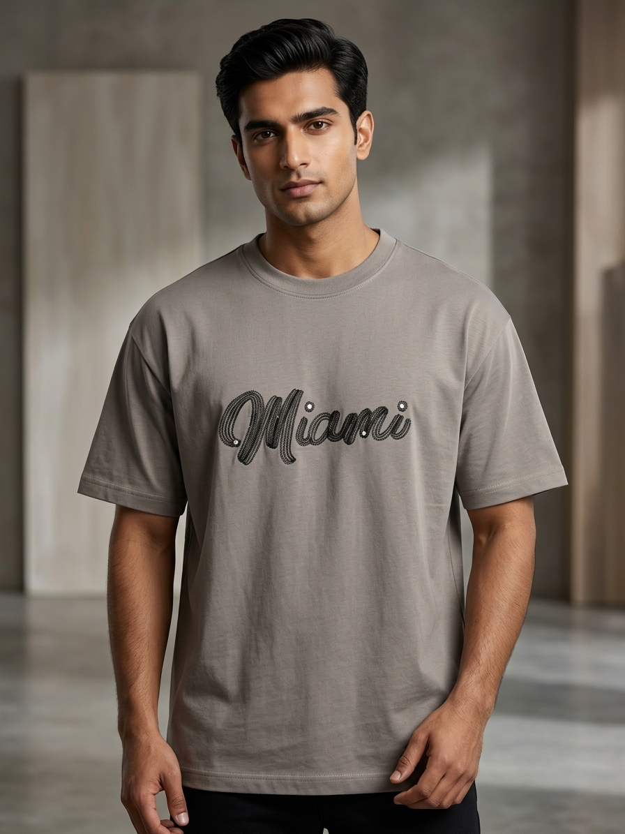Miami Grey Oversized T-Shirt for Men – 100% Cotton Blend | Aoulne’k