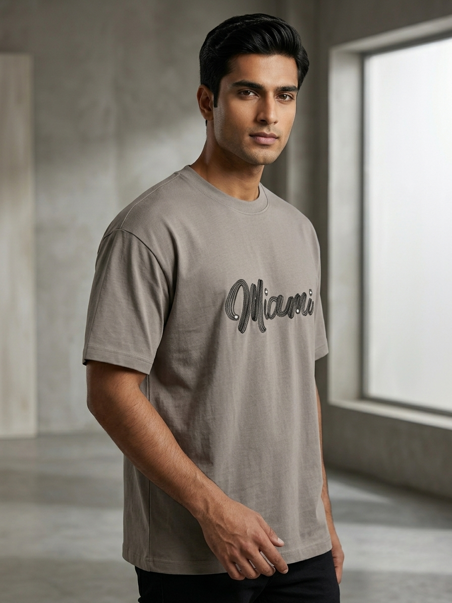 Miami Grey Oversized T-Shirt for Men – 100% Cotton Blend | Aoulne’k
