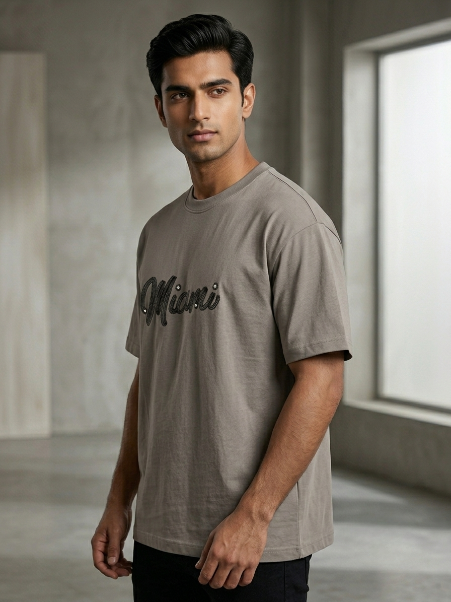 Miami Grey Oversized T-Shirt for Men – 100% Cotton Blend | Aoulne’k