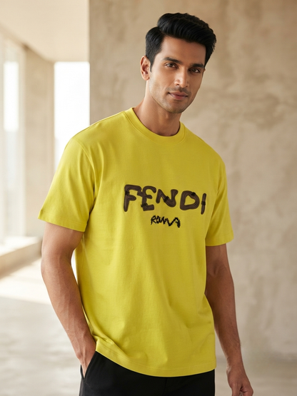 Men's Vibrant Yellow 'Fendi Roma' Graphic Relaxed Fit 100% Cotton T-Shirt