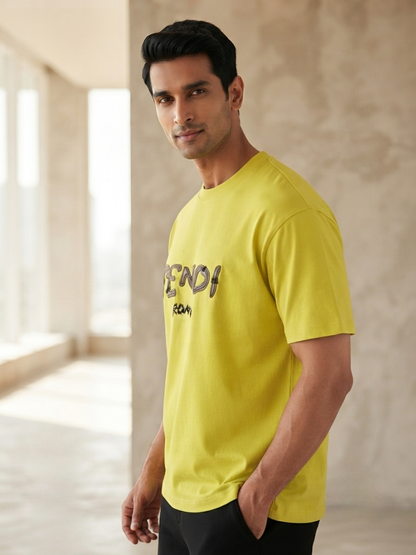 Men's Vibrant Yellow 'Fendi Roma' Graphic Relaxed Fit 100% Cotton T-Shirt