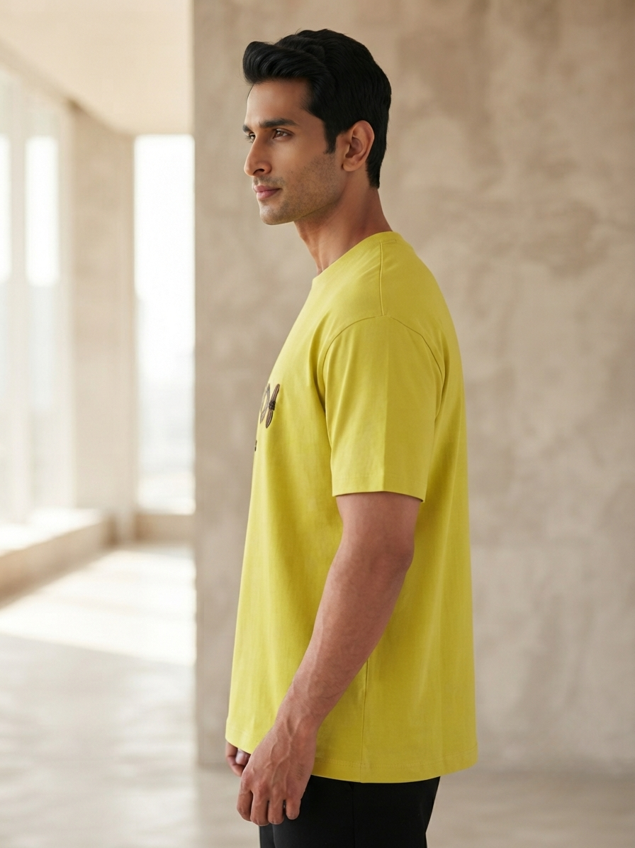 Men's Vibrant Yellow 'Fendi Roma' Graphic Relaxed Fit 100% Cotton T-Shirt