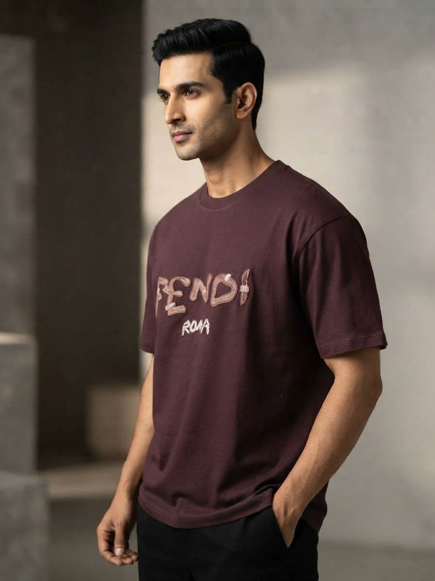 Men's Burgundy 'Fendi Roma' Graphic Relaxed Fit 100% Cotton T-Shirt