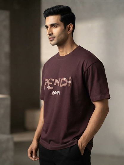 Men's Burgundy 'Fendi Roma' Graphic Relaxed Fit 100% Cotton T-Shirt