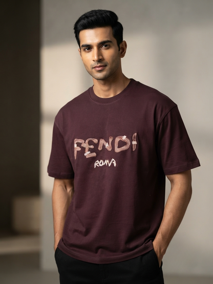 Men's Burgundy 'Fendi Roma' Graphic Relaxed Fit 100% Cotton T-Shirt