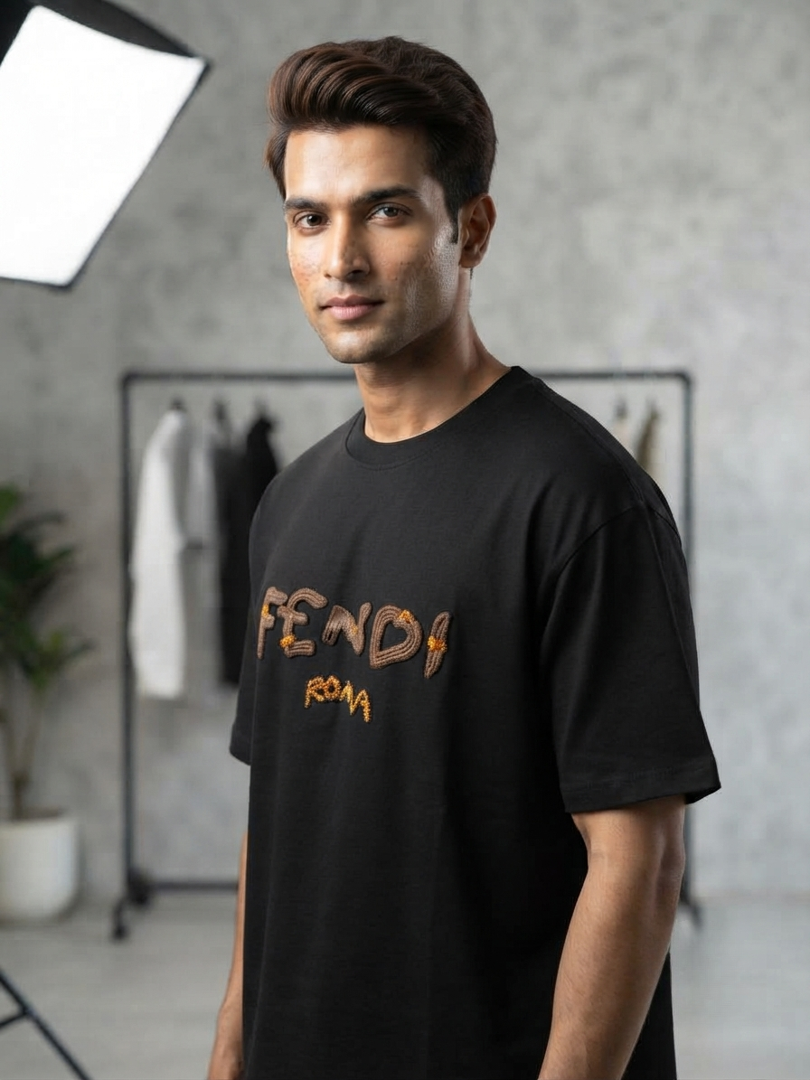 Men's Black 'Fendi Roma' Graphic Relaxed Fit 100% Cotton T-Shirt