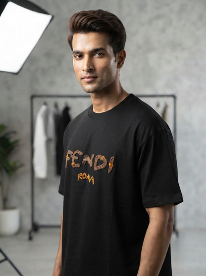 Men's Black 'Fendi Roma' Graphic Relaxed Fit 100% Cotton T-Shirt