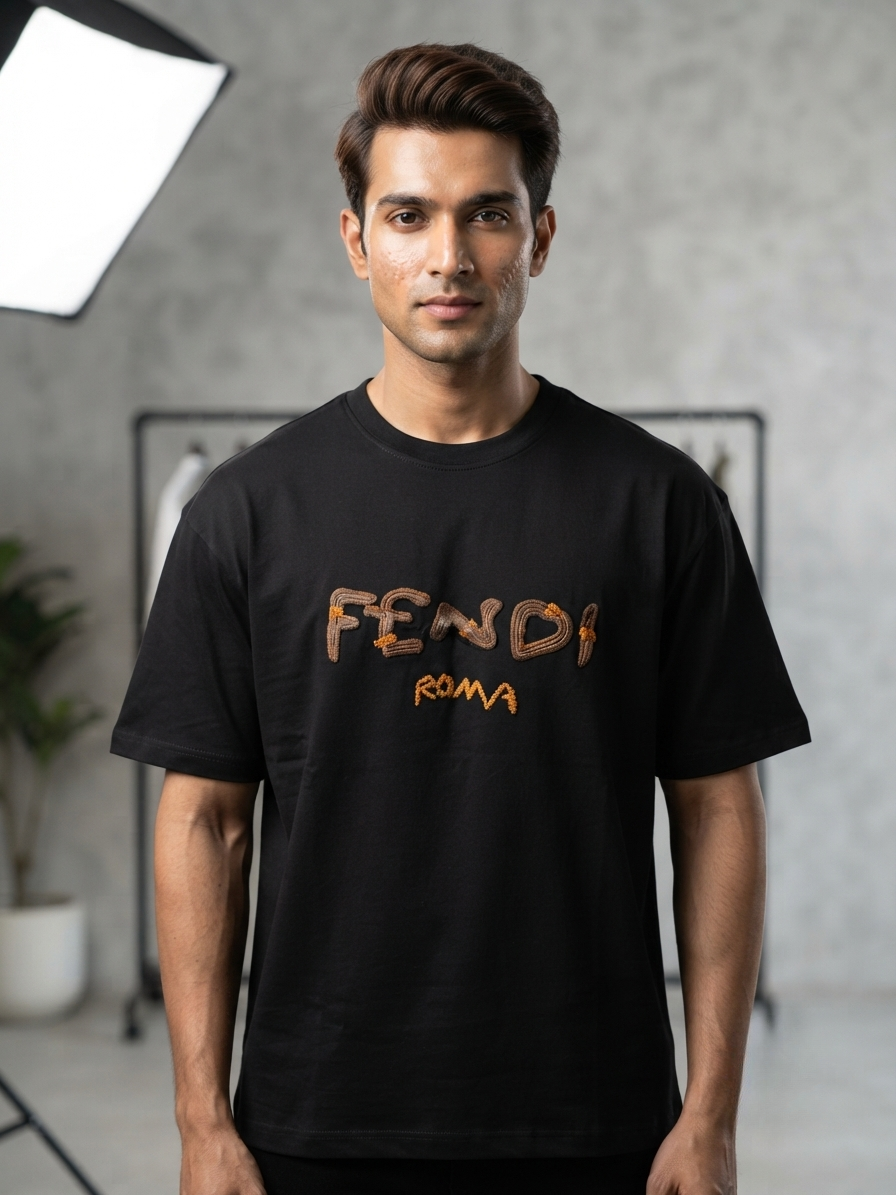 Men's Black 'Fendi Roma' Graphic Relaxed Fit 100% Cotton T-Shirt