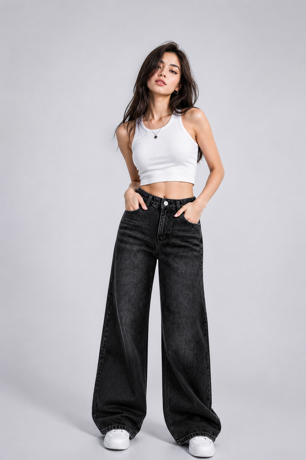 Women’s Premium Wide-Leg Washed Black Denim Jeans