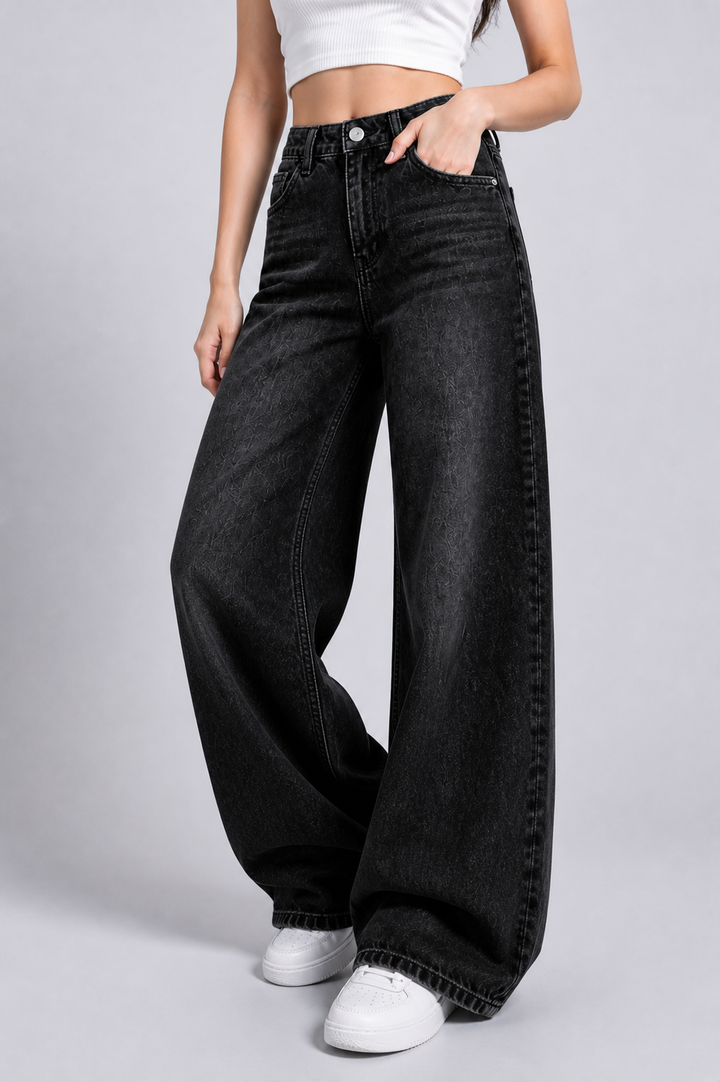 Women’s Premium Wide-Leg Washed Black Denim Jeans